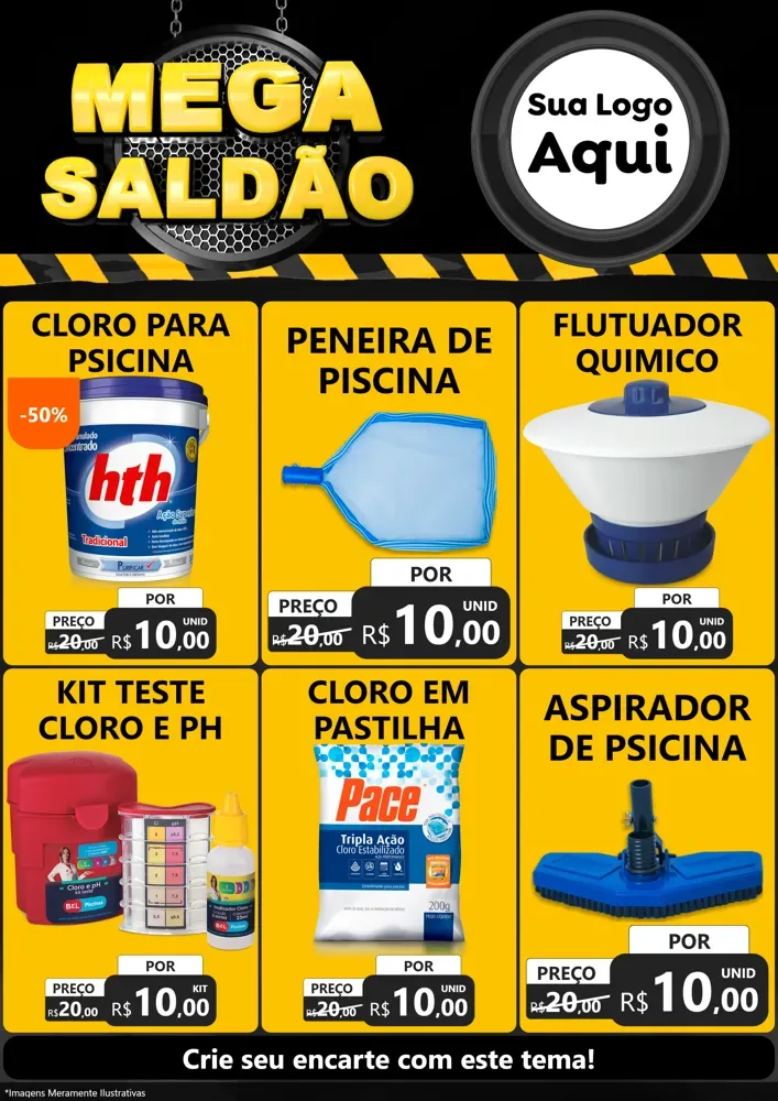 Modelo de Encarte para Encarte A4 Vertical com o tema Mega Saldão para Produtos para Piscina
