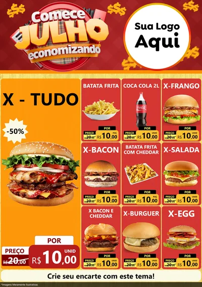 Modelo de Encarte para Encarte A4 Vertical com o tema Comece Julho Economizando para Hamburgueria