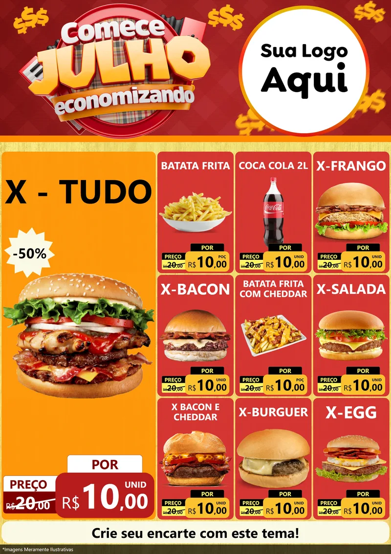 Modelo de Encarte para Encarte A4 Vertical com o tema Comece Julho Economizando para Hamburgueria