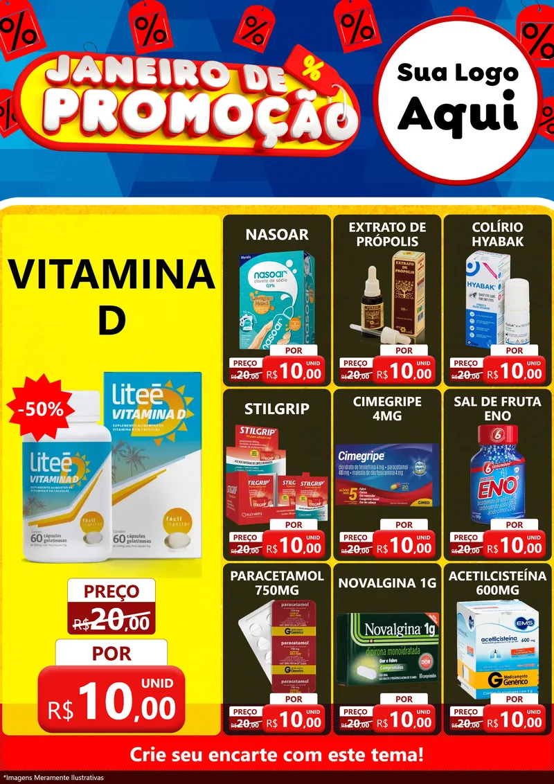 Modelo de Encarte para Encarte A4 Vertical com o tema Janeiro de Promoção para Farmácia