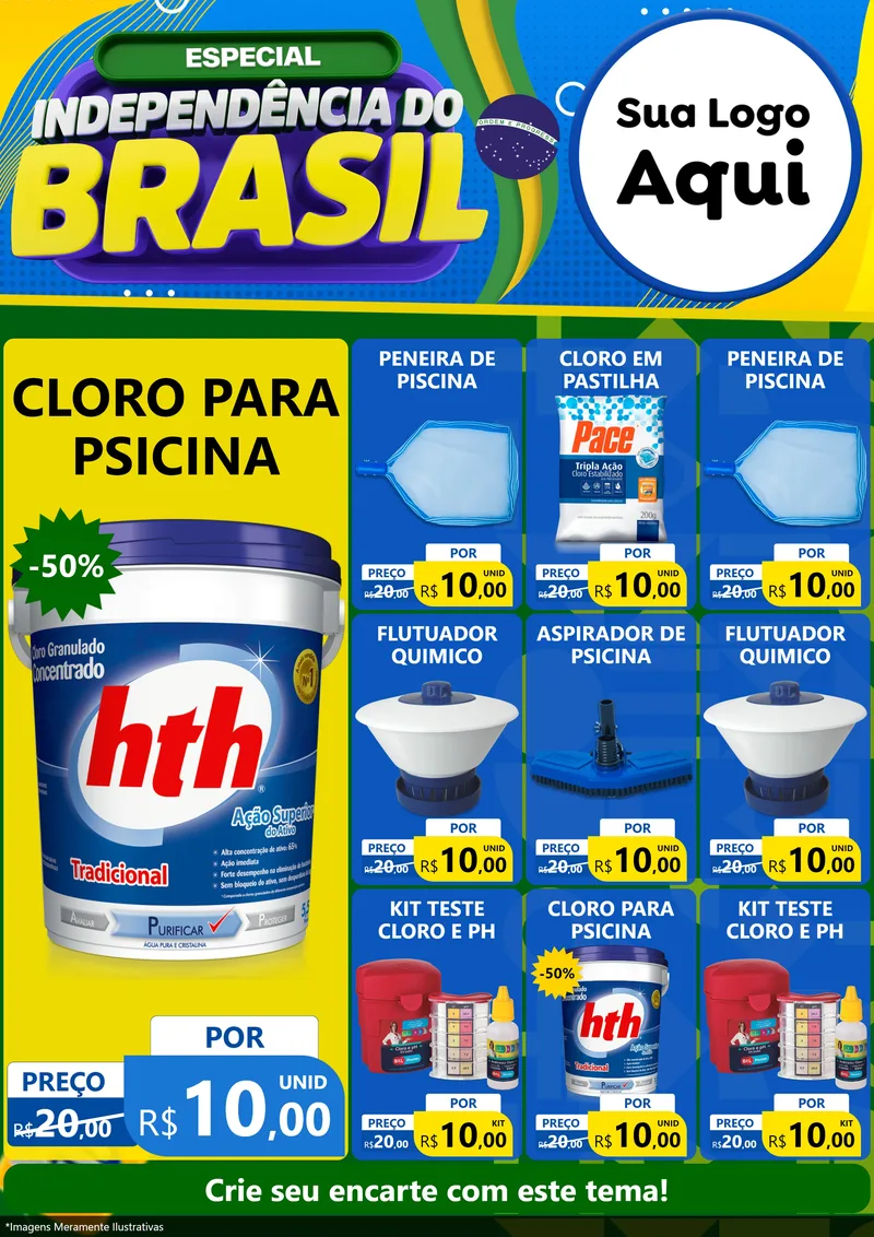 Modelo de Encarte para Encarte A4 Vertical com o tema Especial Independência do Brasil para Produtos para Piscina