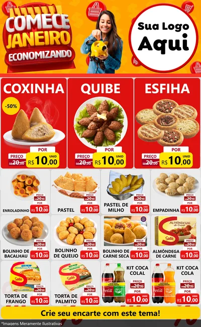 Modelo de Encarte para Encarte Grande com o tema Comece Janeiro Economizando para Salgadaria
