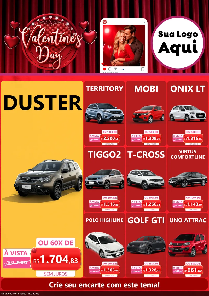 Modelo de Encarte para Encarte A4 Vertical com o tema Valentine's Day para Concessionaria de Carros