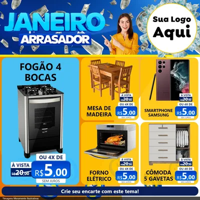 Modelo de Rede Social para Feed Facebook com o tema Janeiro Arrasador para Móveis e Eletro