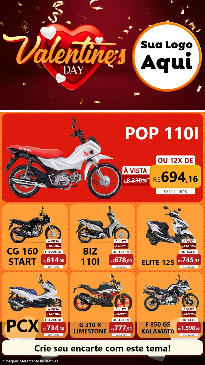 Modelo de Rede Social para Stories com o tema Valentine's Day para Concessionaria de Motos