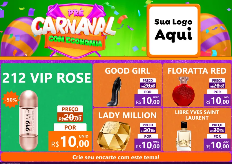 Modelo de Encarte para Encarte A4 Horizontal com o tema Pré-Carnaval Com Economia para Perfumes