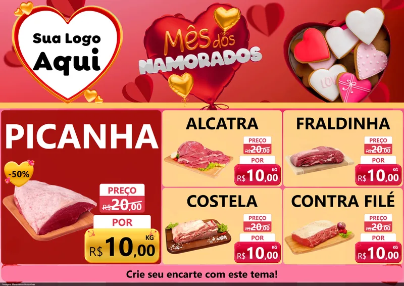 Modelo de Encarte para Encarte A4 Horizontal com o tema Mês dos Namorados para Açougue
