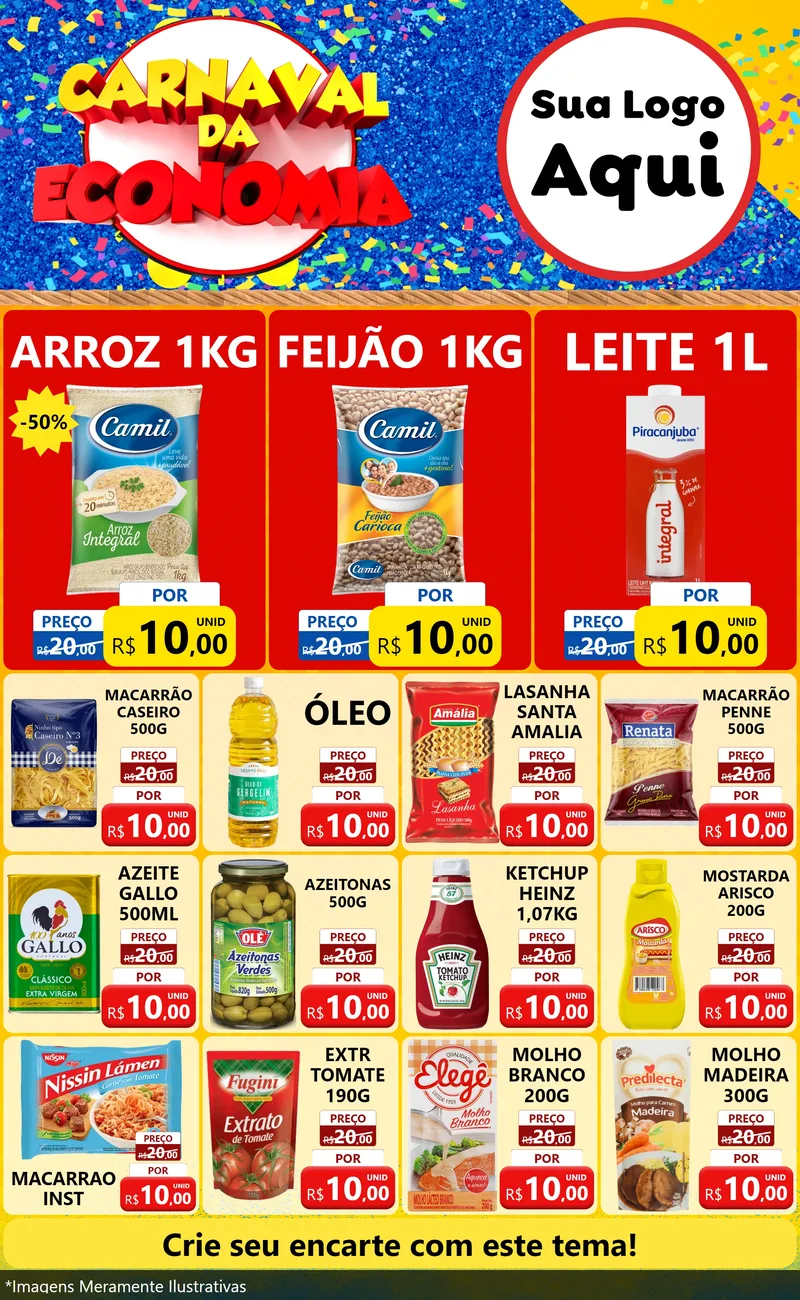 Modelo de Encarte para Encarte Grande com o tema Carnaval da Economia para Supermercado