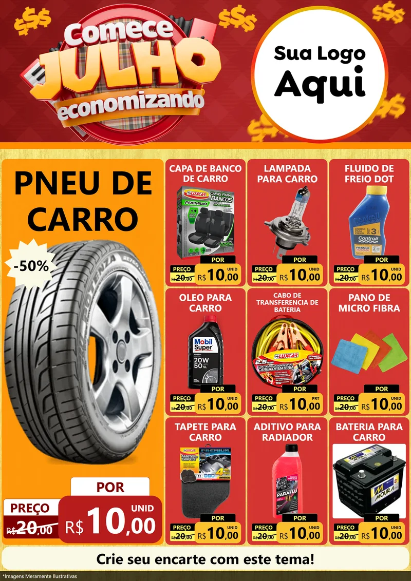 Modelo de Encarte para Encarte A4 Vertical com o tema Comece Julho Economizando para Auto peças
