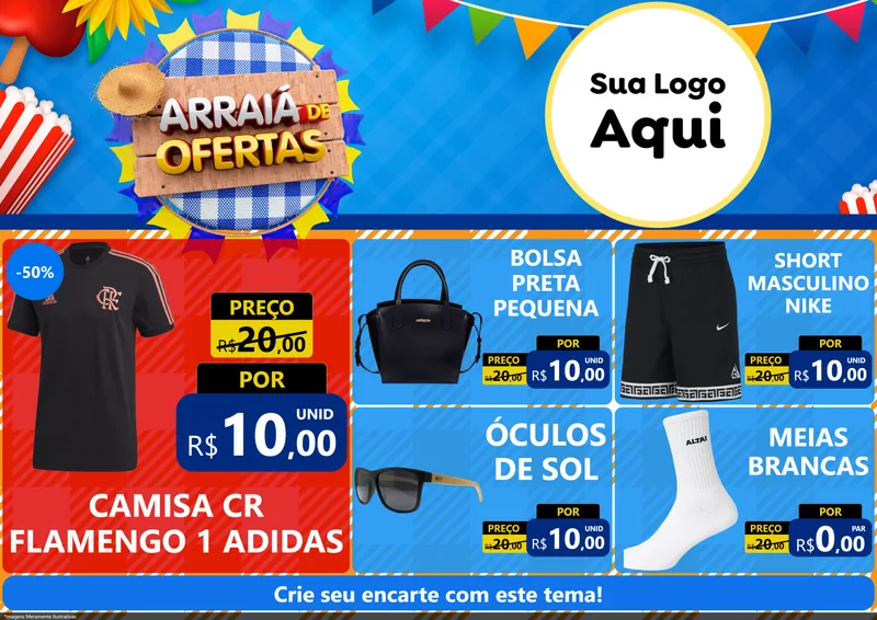 Modelo de Encarte para Encarte A4 Horizontal com o tema Arraiá de Ofertas para Roupas e acessórios