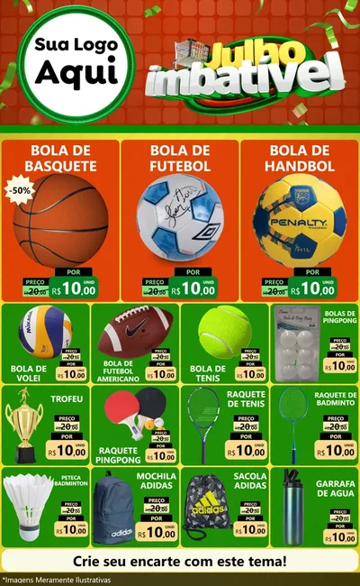Modelo de Encarte para Encarte Grande com o tema Julho Imbatível para Artigos Esportivos