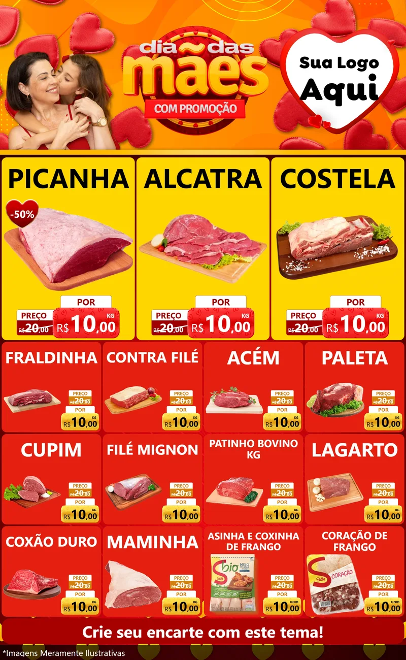 Modelo de Encarte para Encarte Grande com o tema Dia das Mães com Promoção para Açougue