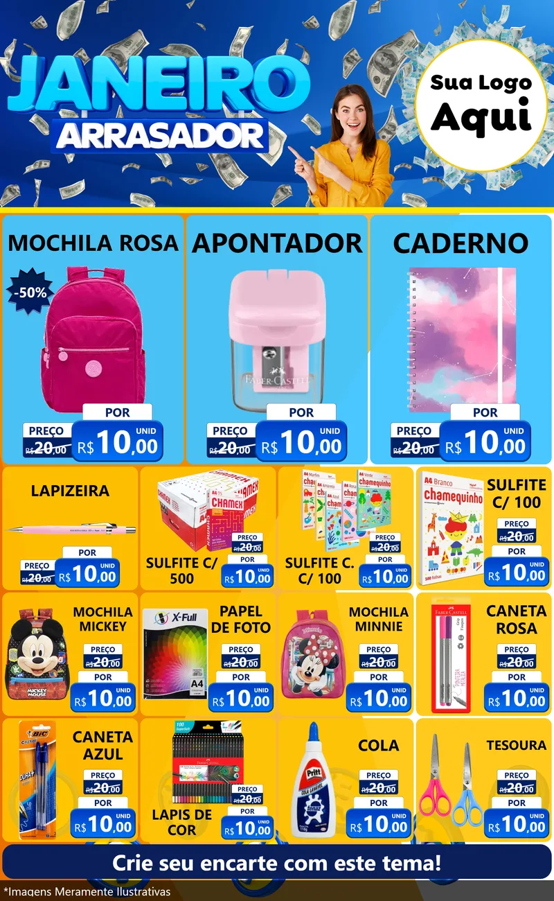 Modelo de Encarte para Encarte Grande com o tema Janeiro Arrasador para Papelaria
