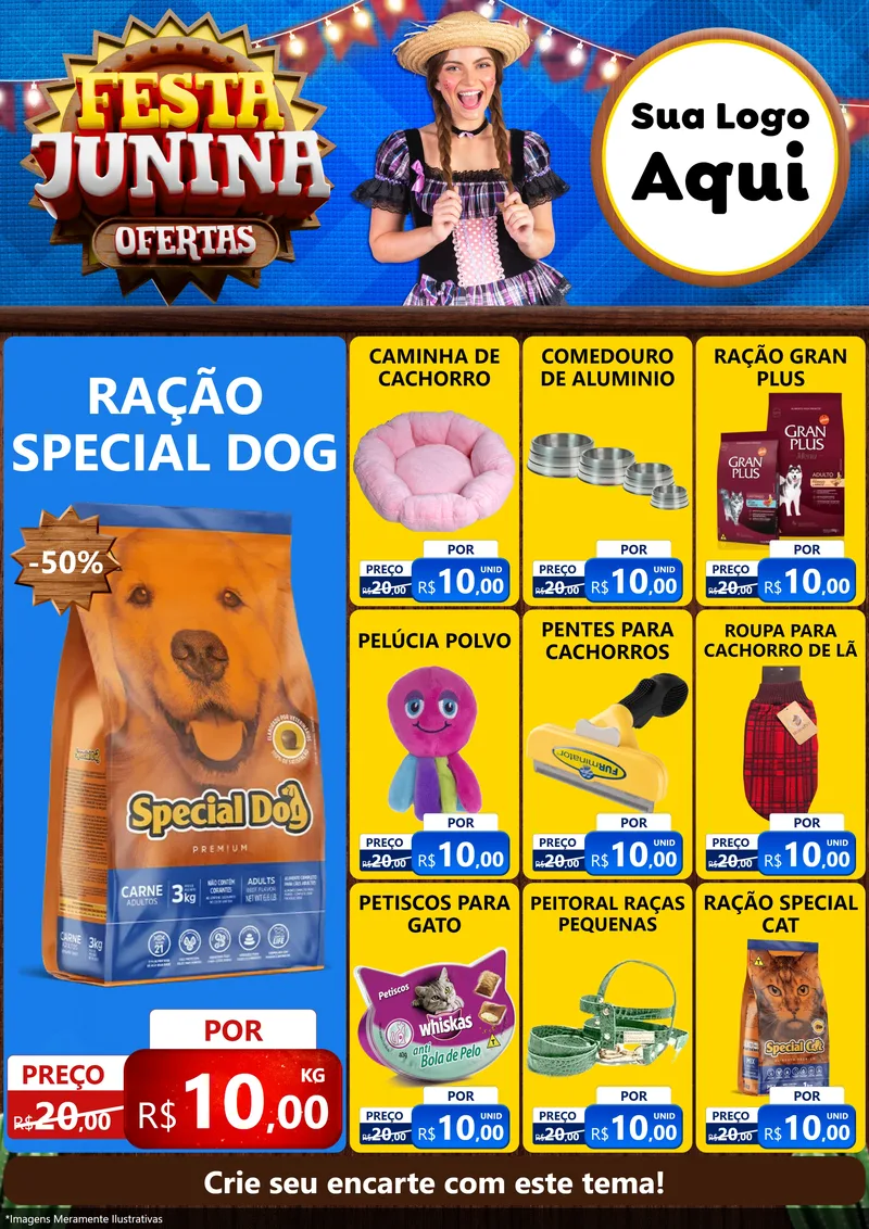 Modelo de Encarte para Encarte A4 Vertical com o tema Festa Junina Ofertas para Pet Shop