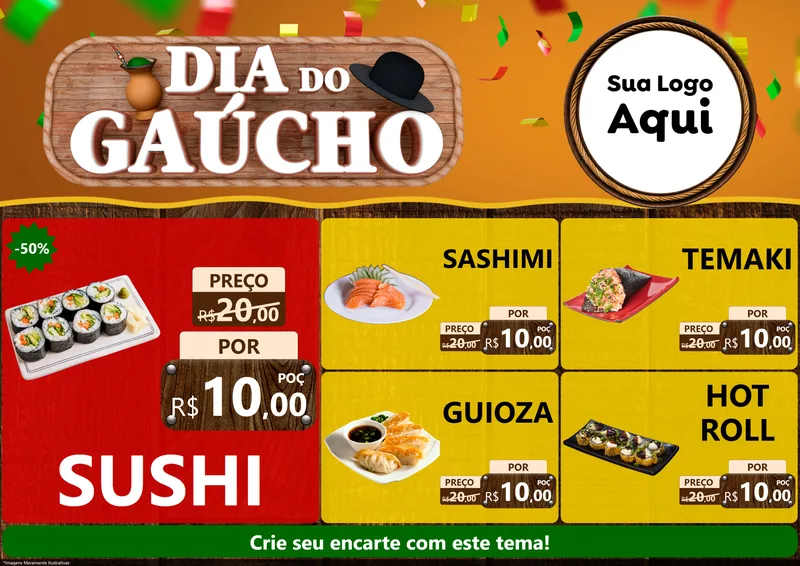 Modelo de Encarte para Encarte A4 Horizontal com o tema Dia do Gaúcho para Comida japonesa