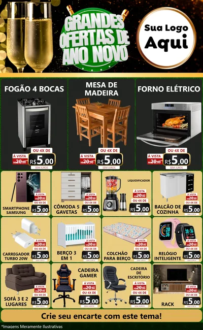 Modelo de Encarte para Encarte Grande com o tema Grandes Ofertas de Ano Novo para Móveis e Eletro