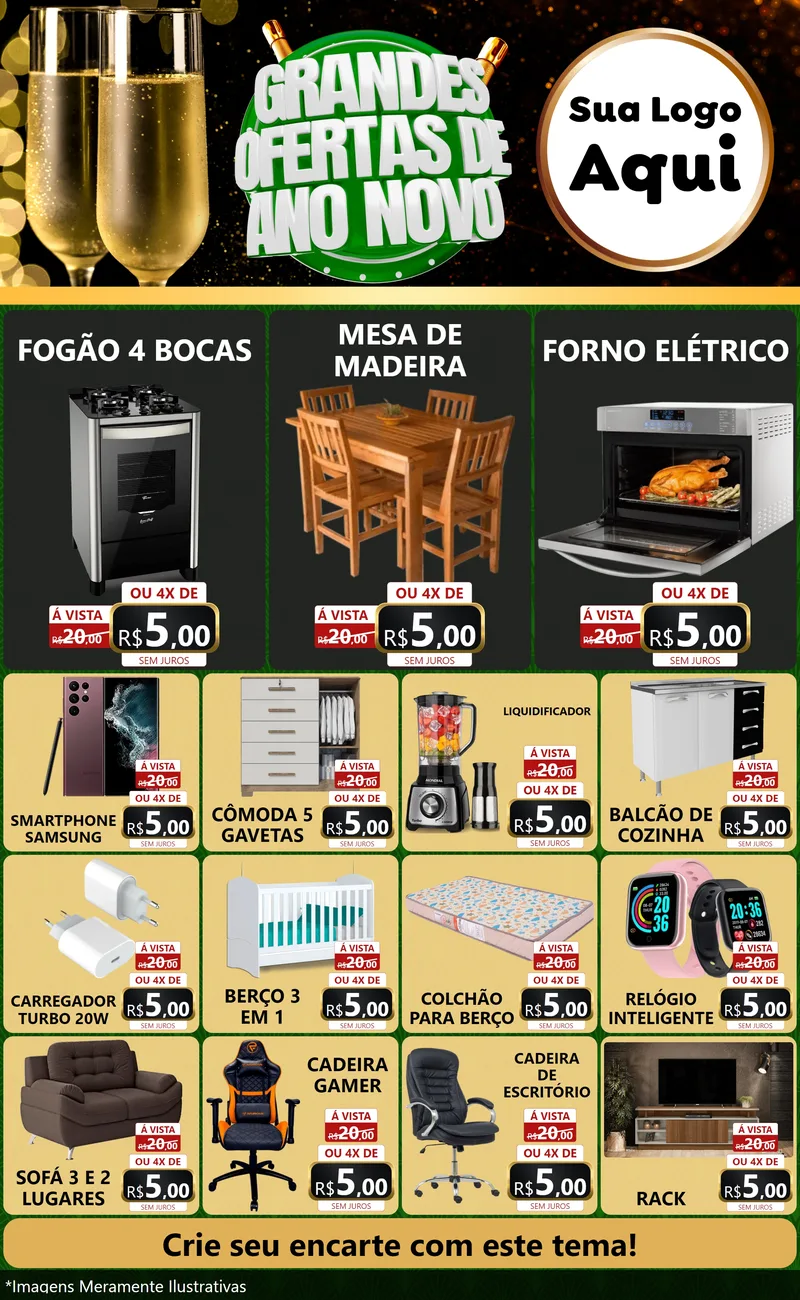 Modelo de Encarte para Encarte Grande com o tema Grandes Ofertas de Ano Novo para Móveis e Eletro