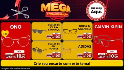 Modelo de TV para TV Horizontal com o tema Mega Reinauguração para Óticas