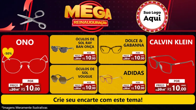 Modelo de TV para TV Horizontal com o tema Mega Reinauguração para Óticas