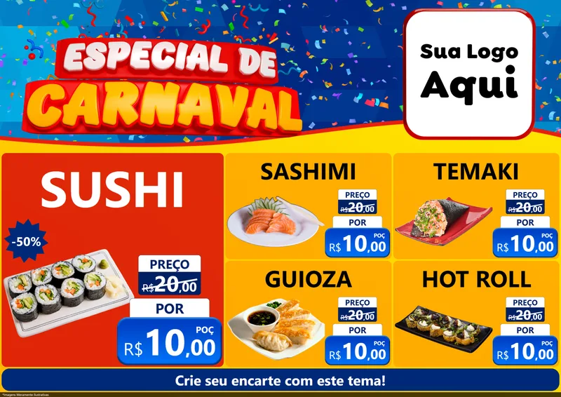 Modelo de Encarte para Encarte A4 Horizontal com o tema Especial de Carnaval para Comida japonesa