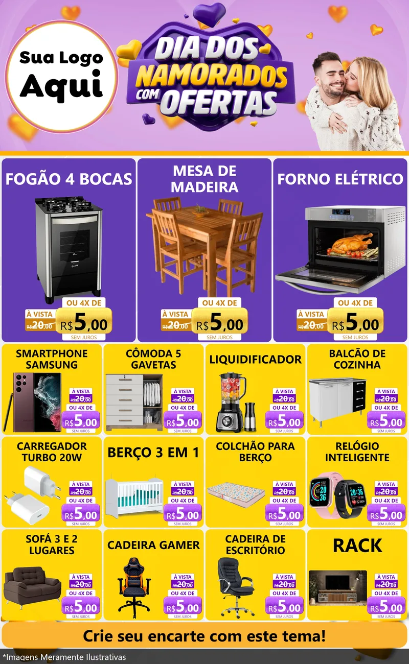 Modelo de Encarte para Encarte Grande com o tema Dia Dos Namorados Com Ofertas para Móveis e Eletro