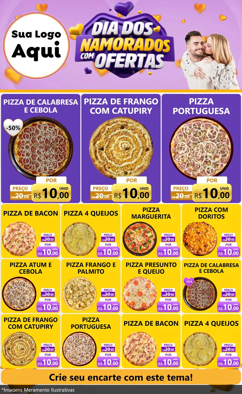 Modelo de Encarte para Encarte Grande com o tema Dia Dos Namorados Com Ofertas para Pizzaria