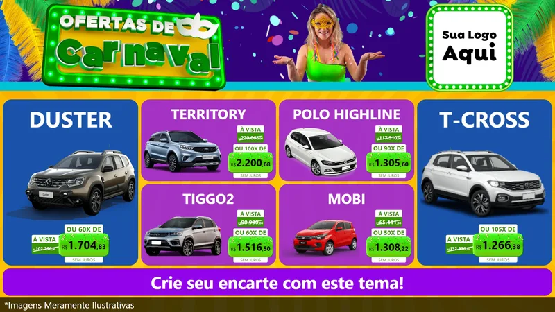 Modelo de TV para TV Horizontal com o tema Ofertas de Carnaval para Concessionaria de Carros
