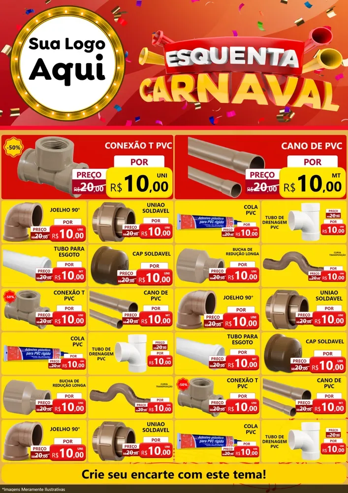 Modelo de Encarte para Encarte A4 Vertical com o tema Esquenta Carnaval para Tubos e conexões