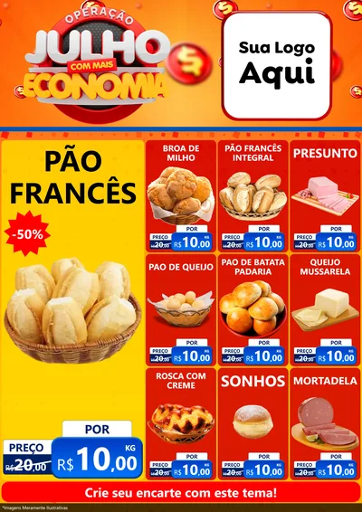 Modelo de Encarte para Encarte A4 Vertical com o tema Operação Julho Com Mais Economia para Padaria
