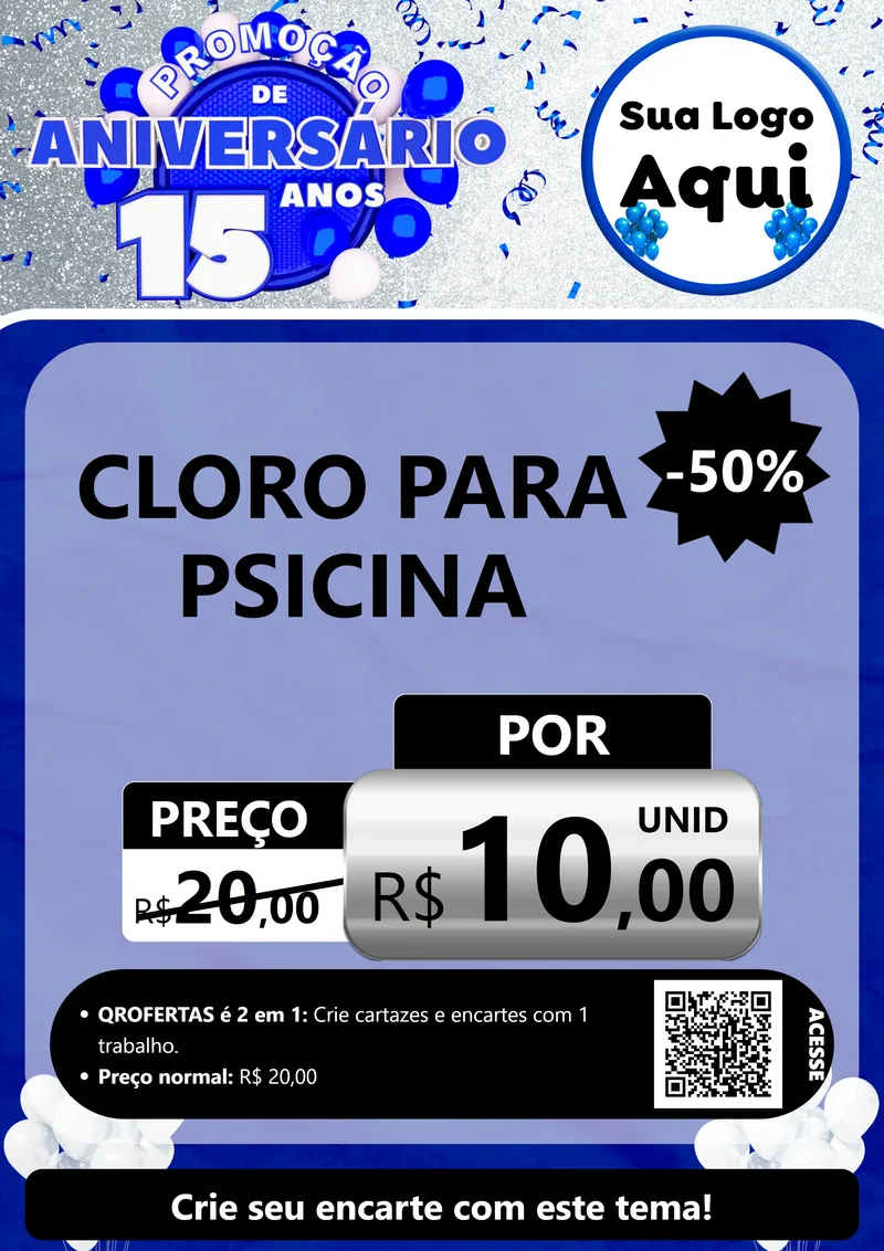Modelo de Cartaz para Cartaz A4 Vertical com o tema Promoção de Aniversário - 15 Anos para Produtos para Piscina