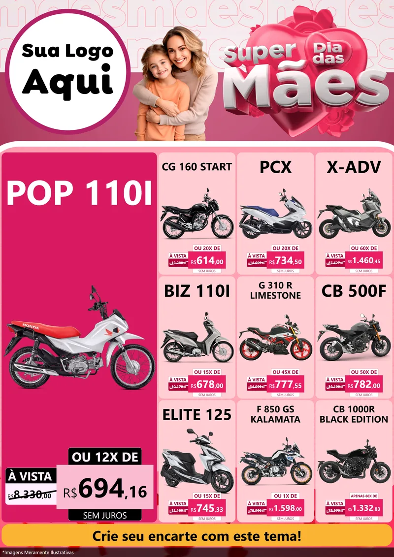 Modelo de Encarte para Encarte A4 Vertical com o tema Super Dia Das Mães para Concessionaria de Motos
