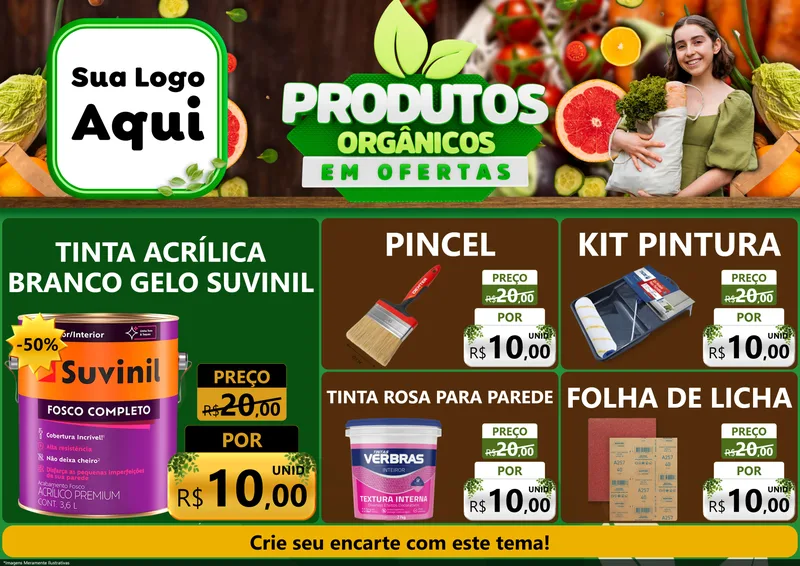 Modelo de Encarte para Encarte A4 Horizontal com o tema Produtos Orgânicos em Ofertas para Tintas e Ferramentas