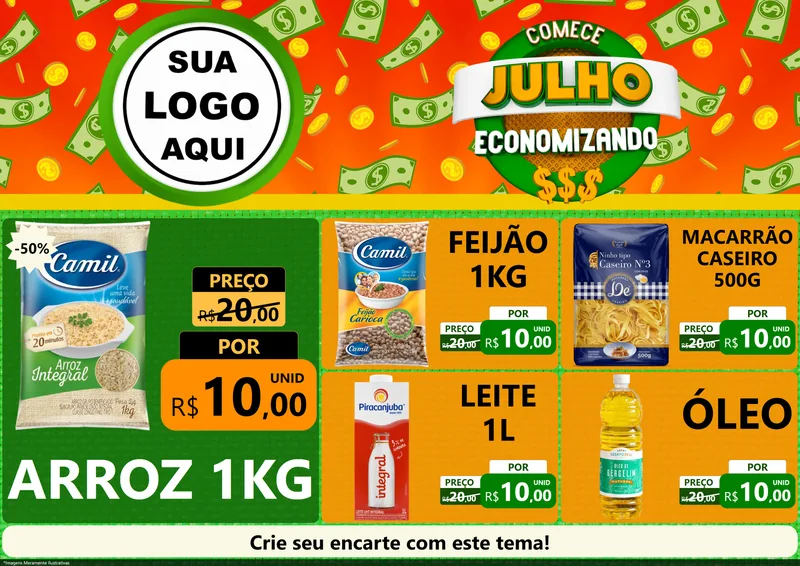 Modelo de Encarte para Encarte A4 Horizontal com o tema Comece Julho Economizando para Supermercado