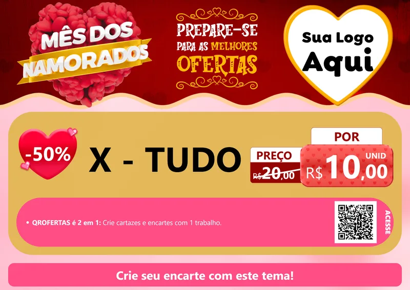 Modelo de Cartaz para Cartaz A4 Horizontal com o tema Mês dos Namorados para Hamburgueria