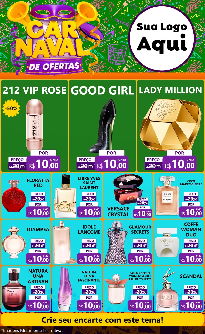 Modelo de Encarte para Encarte Grande com o tema Carnaval de Ofertas para Perfumes