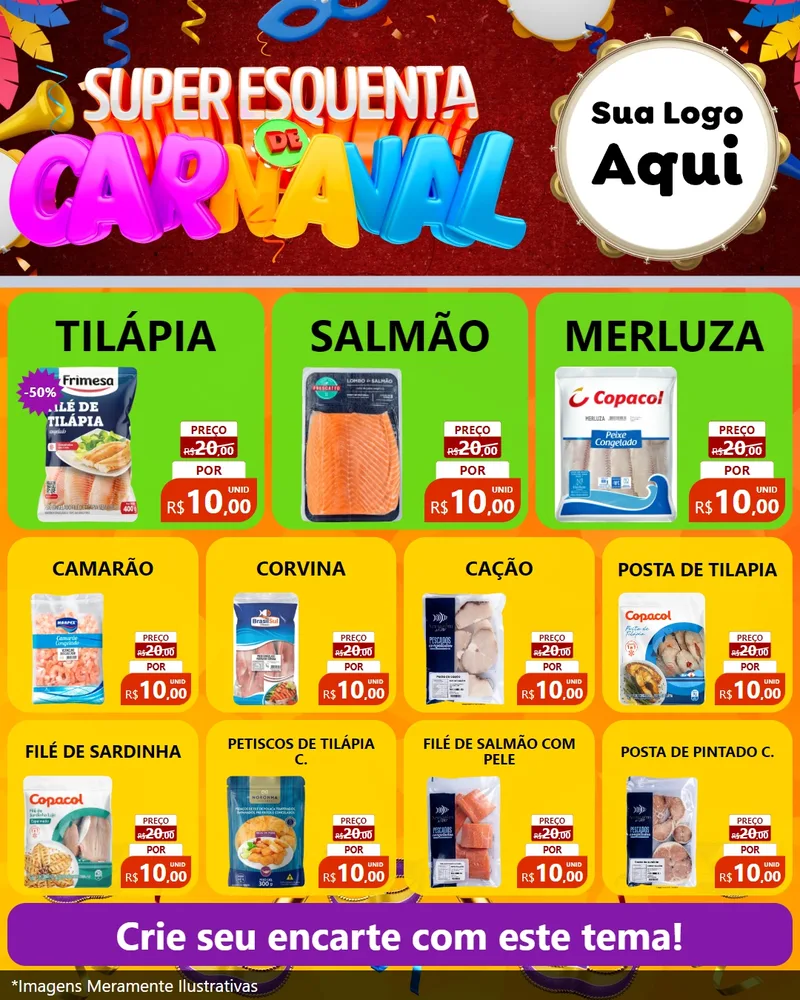 Modelo de Rede Social para Feed Instagram com o tema Super Esquenta de Carnaval para Peixaria