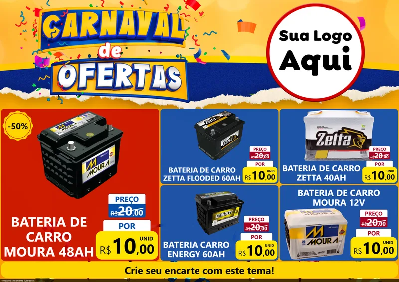 Modelo de Encarte para Encarte A4 Horizontal com o tema Carnaval de Ofertas para Baterias Elétricas