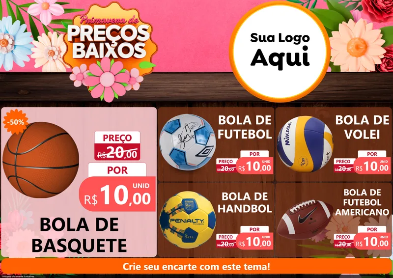 Modelo de Encarte para Encarte A4 Horizontal com o tema Primavera de Preços Baixos para Artigos Esportivos