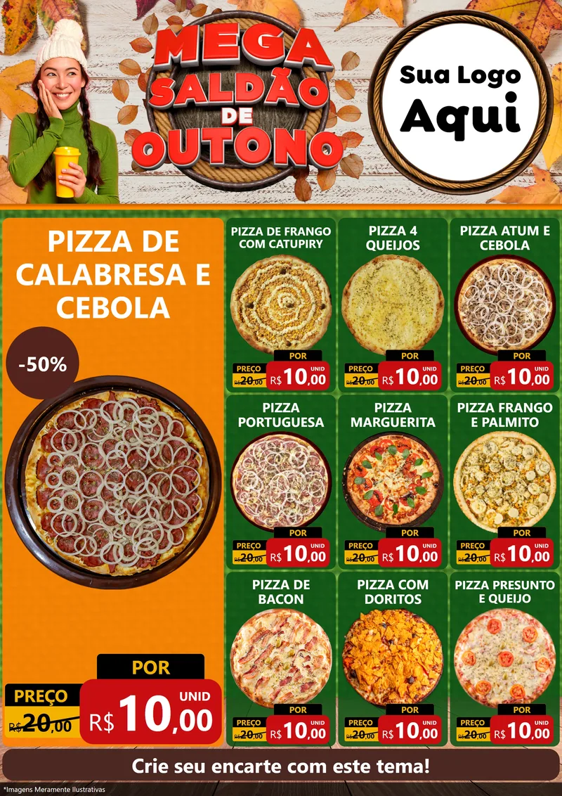 Modelo de Encarte para Encarte A4 Vertical com o tema Mega Saldão de Outono para Pizzaria