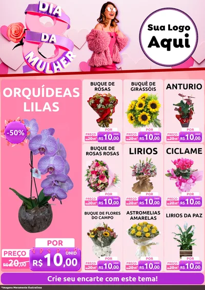 Modelo de Encarte para Encarte A4 Vertical com o tema Dia da Mulher para Floricultura e jardim