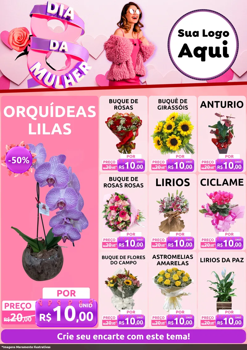 Modelo de Encarte para Encarte A4 Vertical com o tema Dia da Mulher para Floricultura e jardim