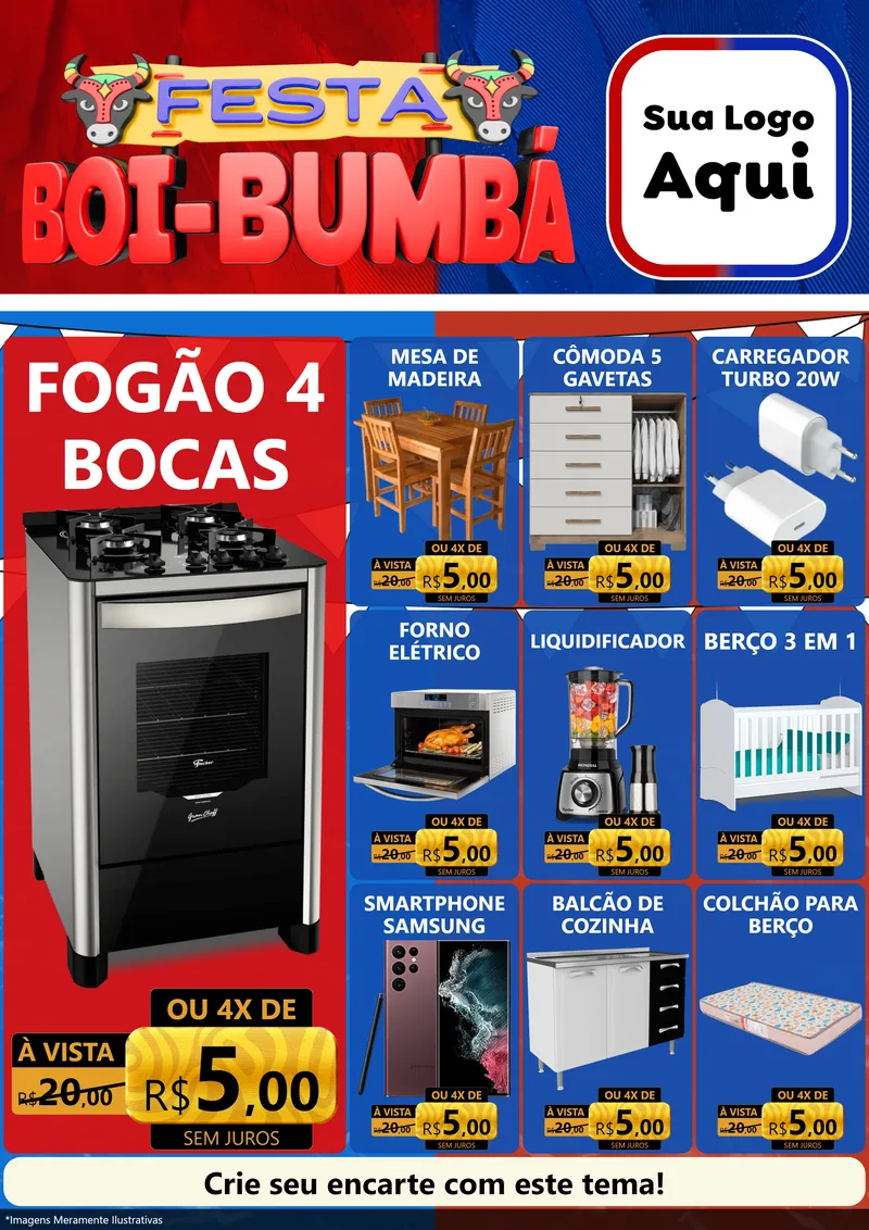 Modelo de Encarte para Encarte A4 Vertical com o tema Festa Boi Bumbá para Móveis e Eletro