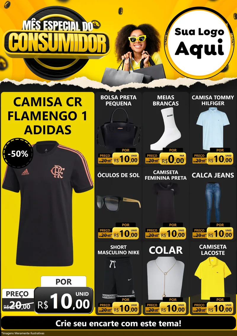 Modelo de Encarte para Encarte A4 Vertical com o tema Mês Especial do Consumidor para Roupas e acessórios