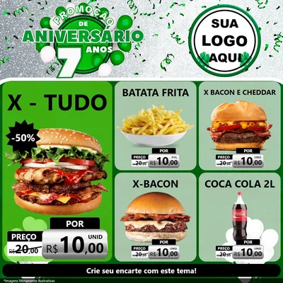 Modelo de Rede Social para Feed Facebook com o tema Promoção de Aniversário - 7 Anos para Hamburgueria
