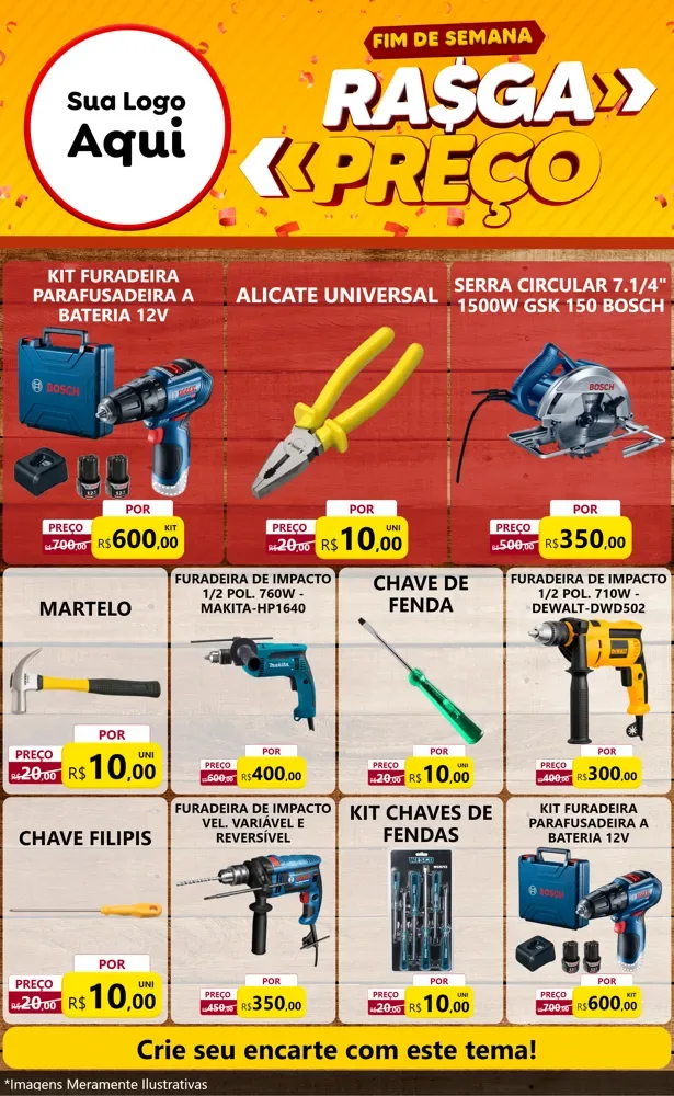 Modelo de Encarte para Encarte Grande com o tema Fim de Semana Rasga Preços para Maquinas e Ferramentas