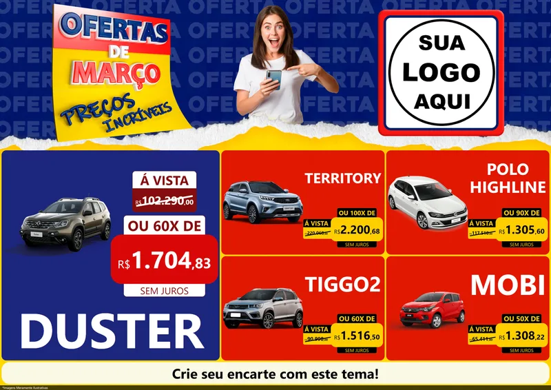 Modelo de Encarte para Encarte A4 Horizontal com o tema Ofertas de Março - Preços Incríveis para Concessionaria de Carros