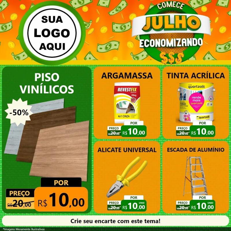 Modelo de Rede Social para Feed Facebook com o tema Comece Julho Economizando para Material para Construção