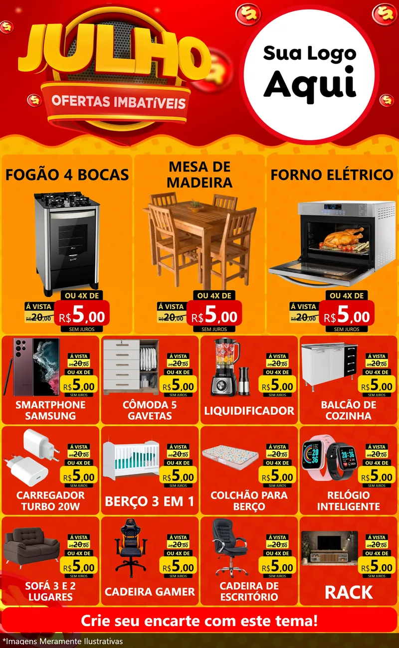 Modelo de Encarte para Encarte Grande com o tema Julho Ofertas Imbatíveis para Móveis e Eletro