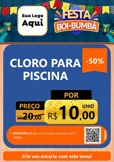 Modelo de Cartaz para Cartaz A4 Vertical com o tema Festa Boi Bumbá para Produtos para Piscina