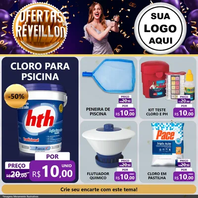 Modelo de Rede Social para Feed Facebook com o tema Ofertas de Réveillon para Produtos para Piscina